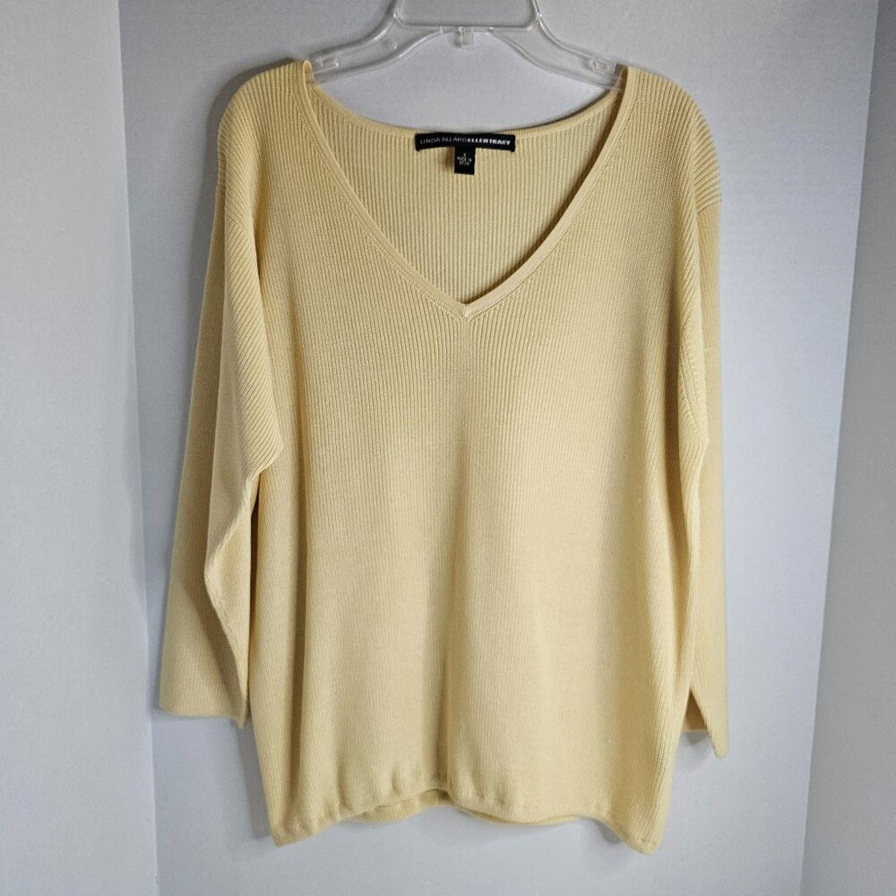 Linda Allard Ellen Tracy Pullover Sweater Butter Yellow V-Neck X Silk 3/4 Sleeve